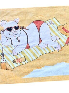 Vintage Atlantis Beach Towel Pig Sunbathing 1990s 100% Cotton Brazil 55"x26"